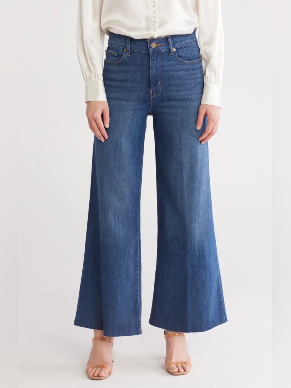 Frame Denim High-Rise Wide Leg Flare Jeans in Blue